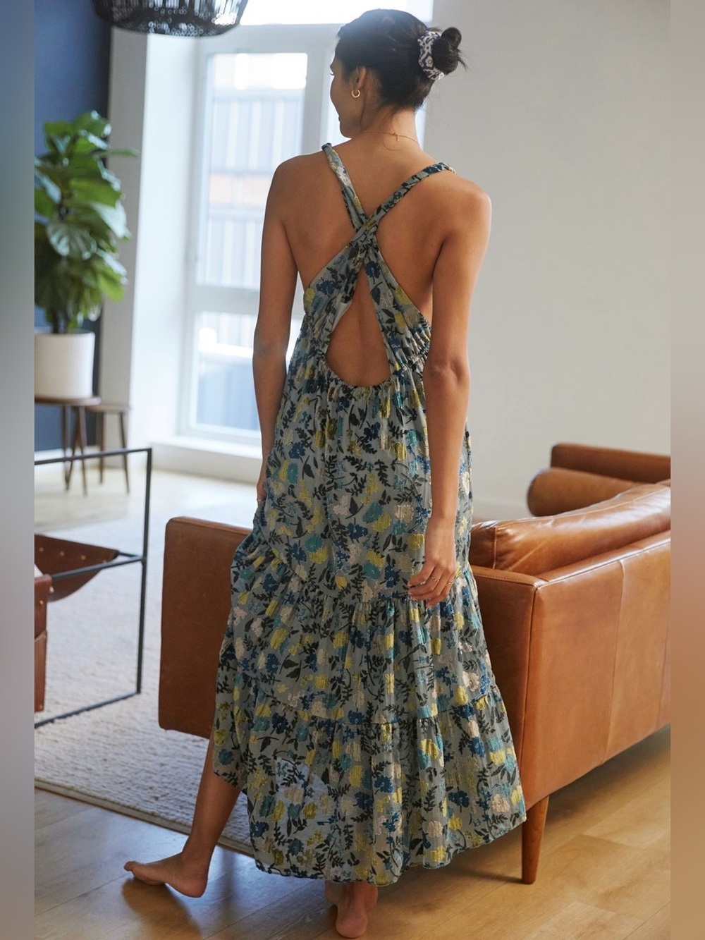Anthropologie Burnout Velvet Midi Dress Floral Tiered Cross-Back Blue Small NWT - Picture 2 of 14